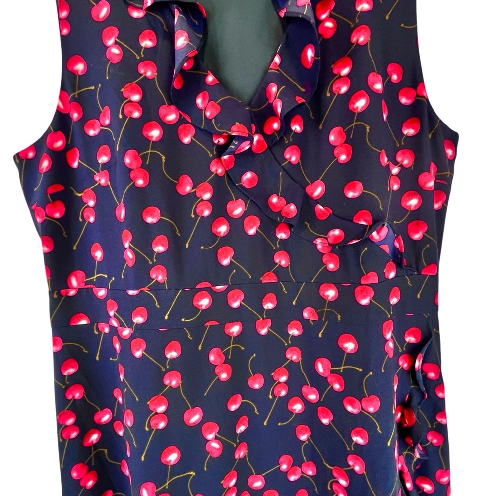 J Crew Factory Cherry Print Dress Ruffled Neck and Hemline Faux Wrap Navy Red 12 - Picture 6 of 11